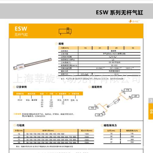 ESW系列磁耦合式无杆气缸25/32X50-100-150-200-250-300-2000-s