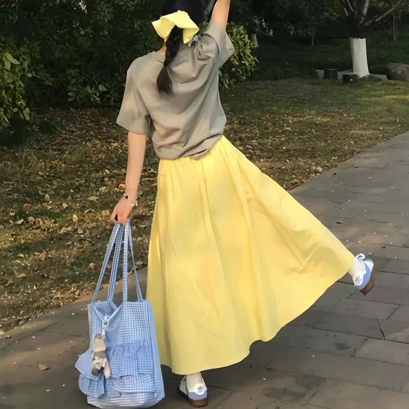 梨妹之家黄色半身裙女夏季高腰蓬蓬裙中长版伞裙a字梨型身材显瘦