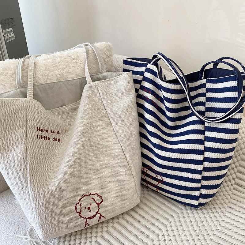 2025新款包包两面背刺绣帆布韩系ins风托特休闲单肩大容量包包女