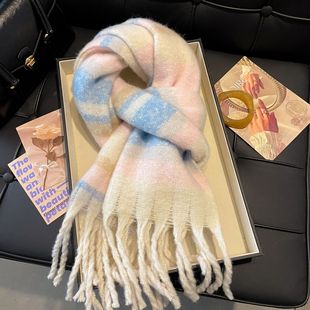 韩系格子氛围感围巾学生秋冬保暖显白条纹粉色围巾大版 百搭围脖女