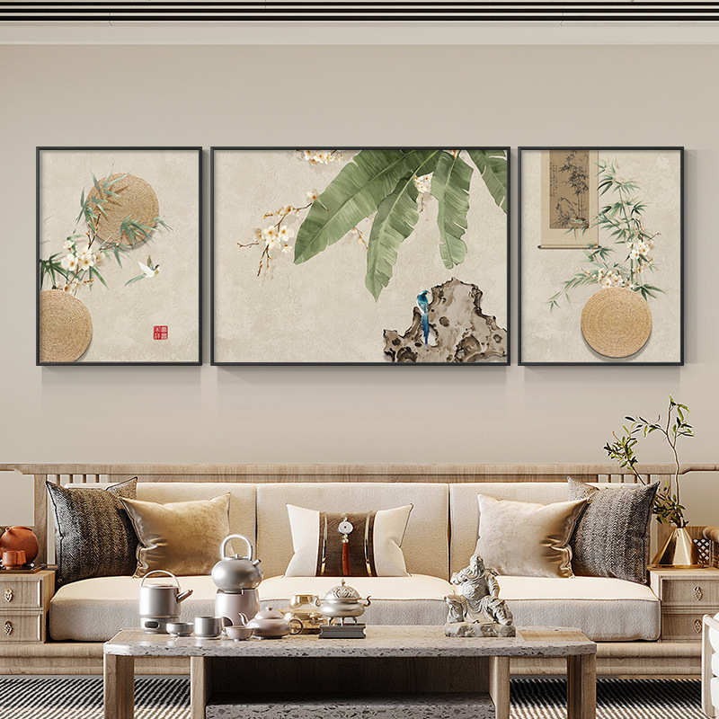 家大叶大客厅三联装饰画太湖石沙发背景墙挂画新中式茶室组合壁画