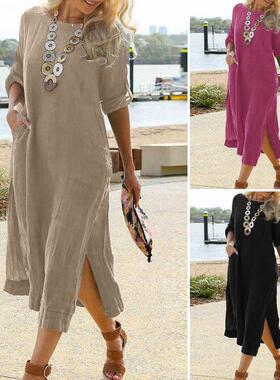 Long length shirt dress with long sleeves and slit hem