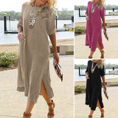 Long length shirt dress with long sleeves and slit hem