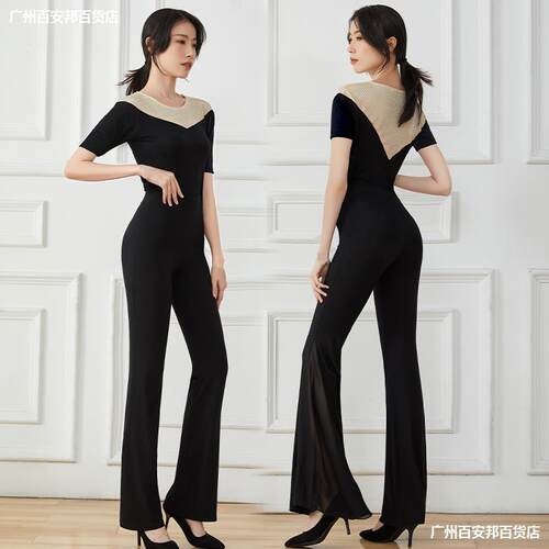 形体训练服女套装夏网红亮钻修身显瘦连体暗扣礼仪走秀舞蹈练功服