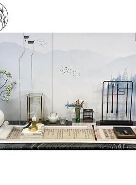 新中式书桌组合摆件样板房书房笔架茶具砚台画卷装饰