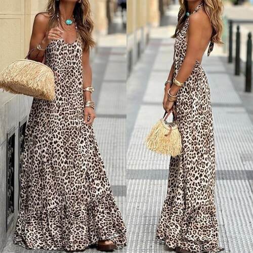 Women ' s Leopard Print Halter Neck Dress , Fashion Casual