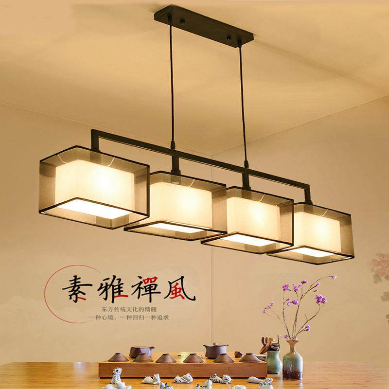 新中式餐厅吊灯三头布艺现代简约吧台灯具创意铁艺仿古长方形灯饰