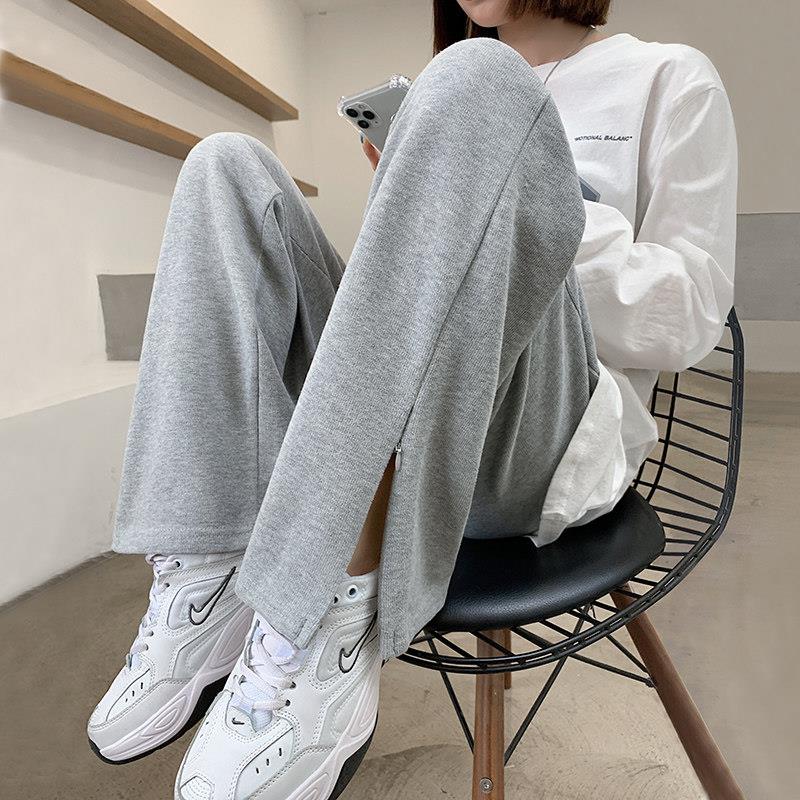 韩国2025春夏新款灰色侧开叉阔腿裤女高腰垂感宽松直筒休闲运动裤