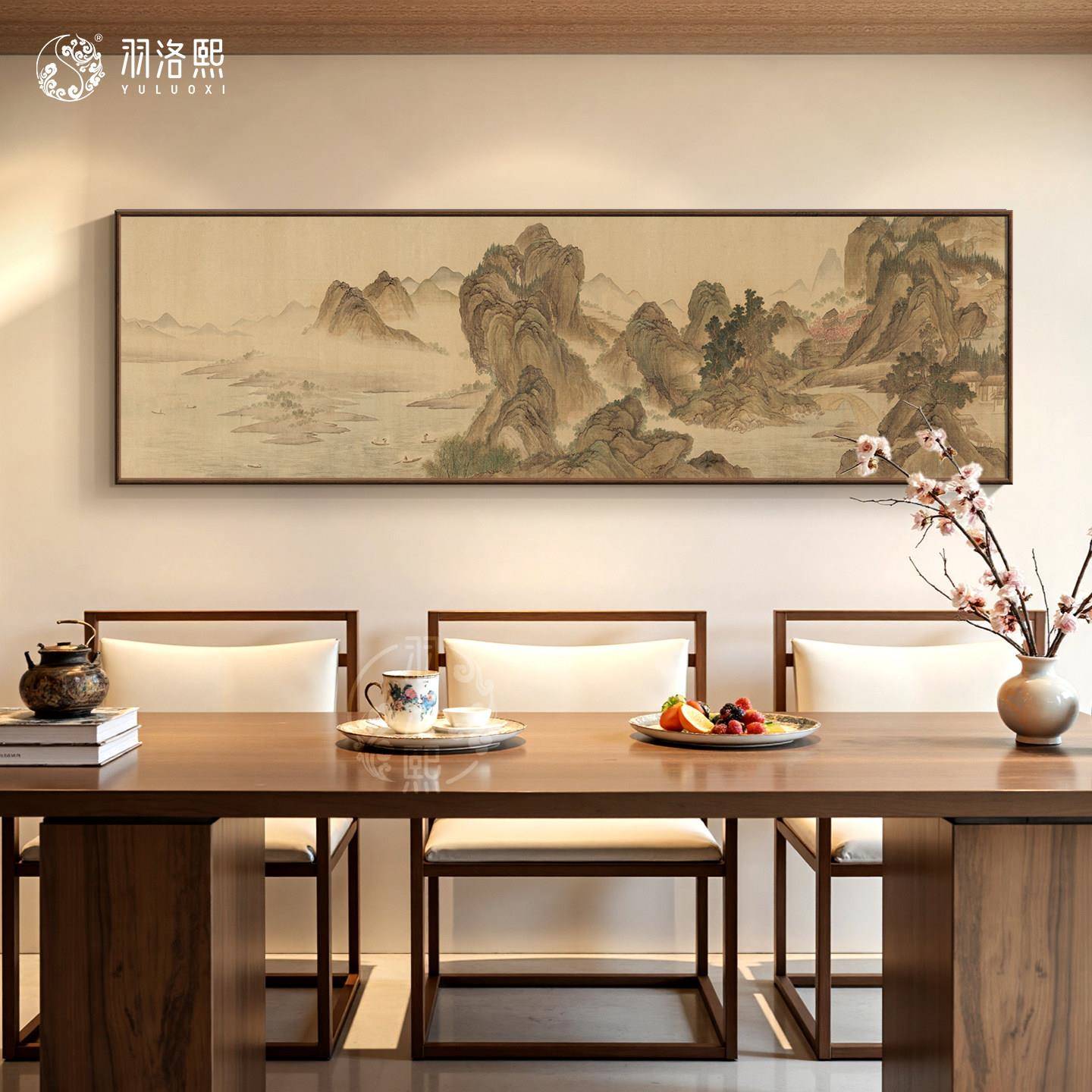 湖山春暖图新中式茶室装饰画卧室挂画宋氏美学书房壁画横版国风画图片
