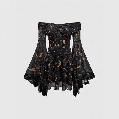 Gothic Vintage Star Moon Print off Shoulder Flounce Flared