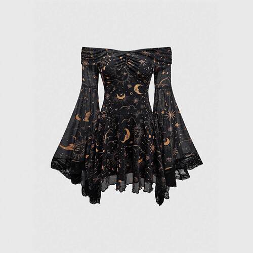 Gothic Vintage Star Moon Print off Shoulder Flounce Flared