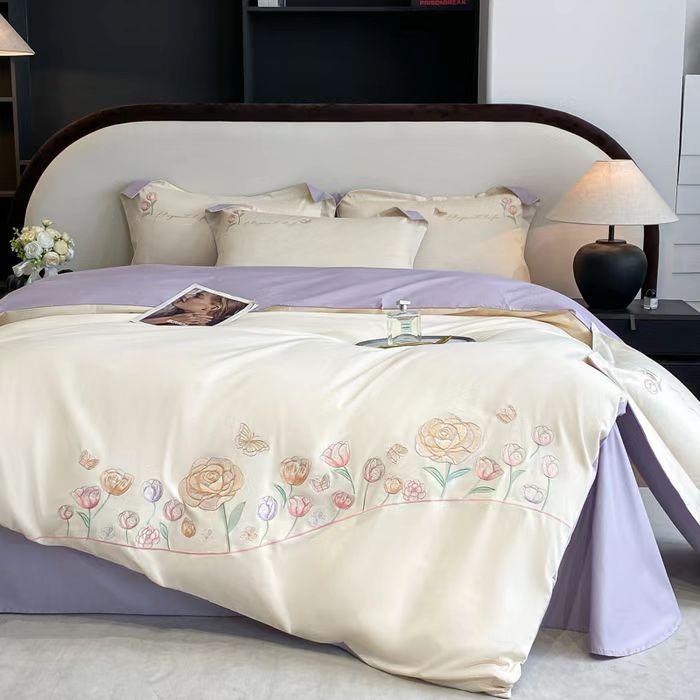 轻奢全棉长绒棉花卉刺绣四件套小清新纯棉四季款被套床单床上用品