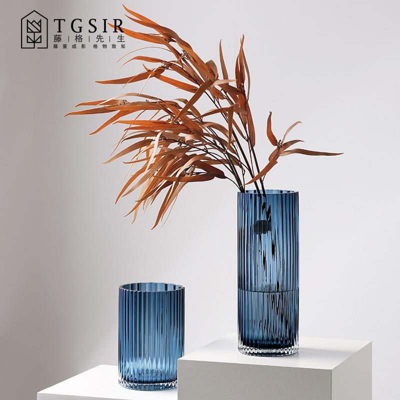 简蓝色竖纹直筒玻FS736809璃花瓶客厅透件明水约养百合绿植摆插花