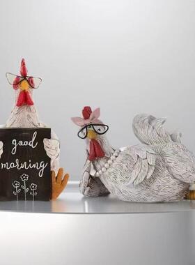 跨境新品Chicken Resin Statue Set早安公鸡和母鸡树脂摆件手工