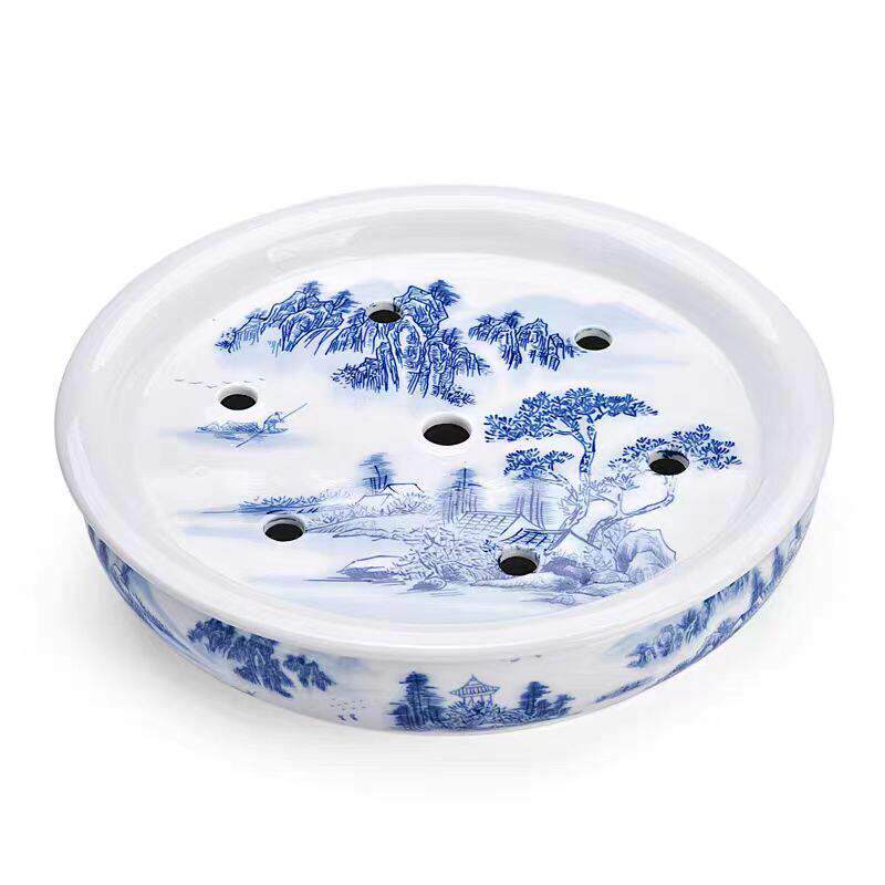 青花陶瓷功夫茶具茶盘托盘双层12寸蓄水式圆盘干泡大茶盘10寸
