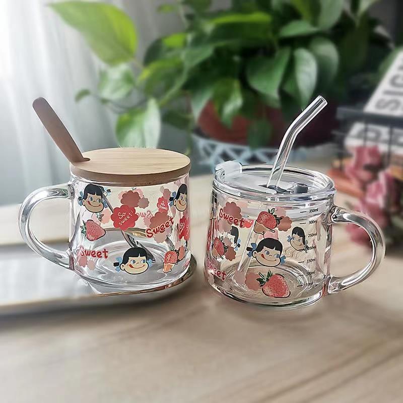 透明水杯女玻璃杯牛奶咖啡早餐杯学生儿童可爱刻度杯子带盖勺