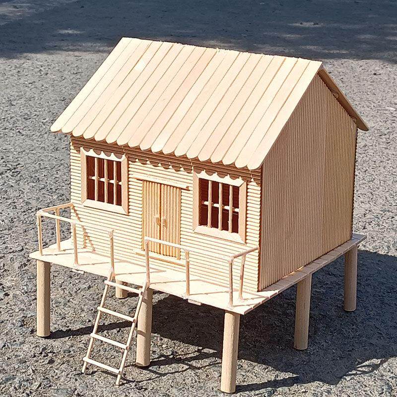 建筑模型雪糕木棒手工作业制作吊脚楼杆干栏式建筑民居河姆渡房屋
