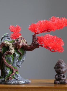 迎客松玄关柜罗汉松鱼缸装饰摆件