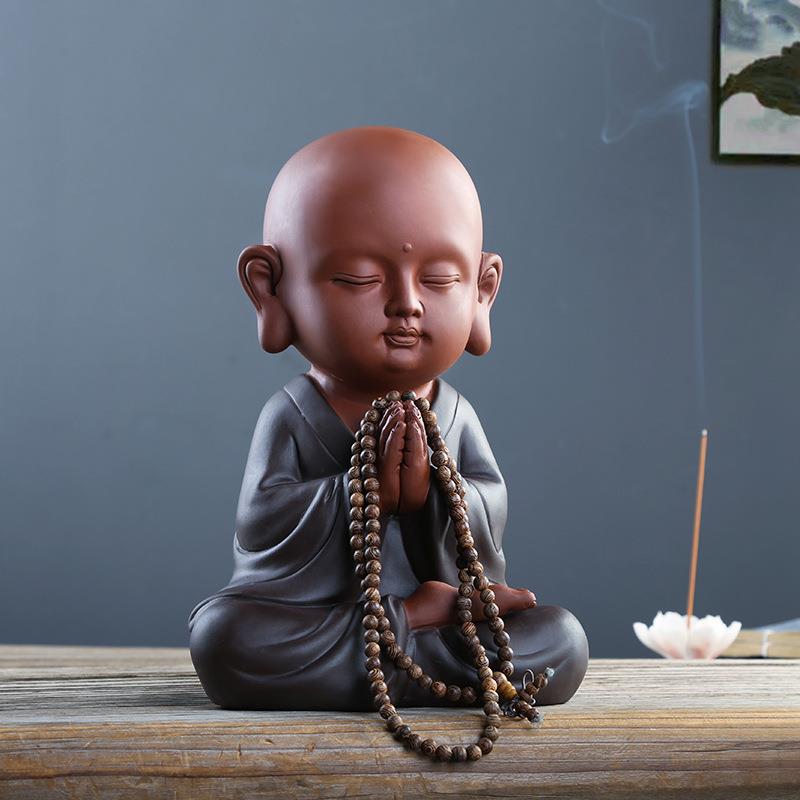 虔诚大号小和尚摆件禅意陶瓷可爱小砂弥书柜摆设办公室玄关装饰品