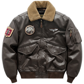 冬季机车皮衣棉服，男美式复古翻领飞行员，夹克加厚棉袄毛领外套