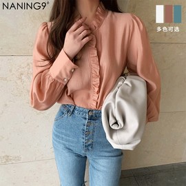 NANING9 秋季韩版潮流设计感小众宽松休闲白色长袖衬衫女