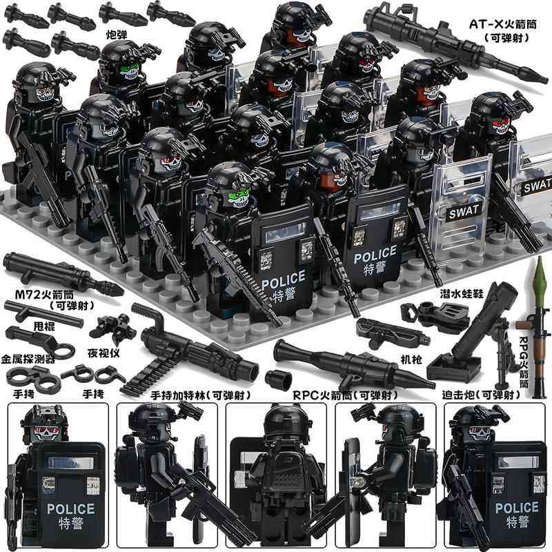 中国军事幽灵特种兵积木人仔防爆特警士兵武器枪男孩拼装玩具