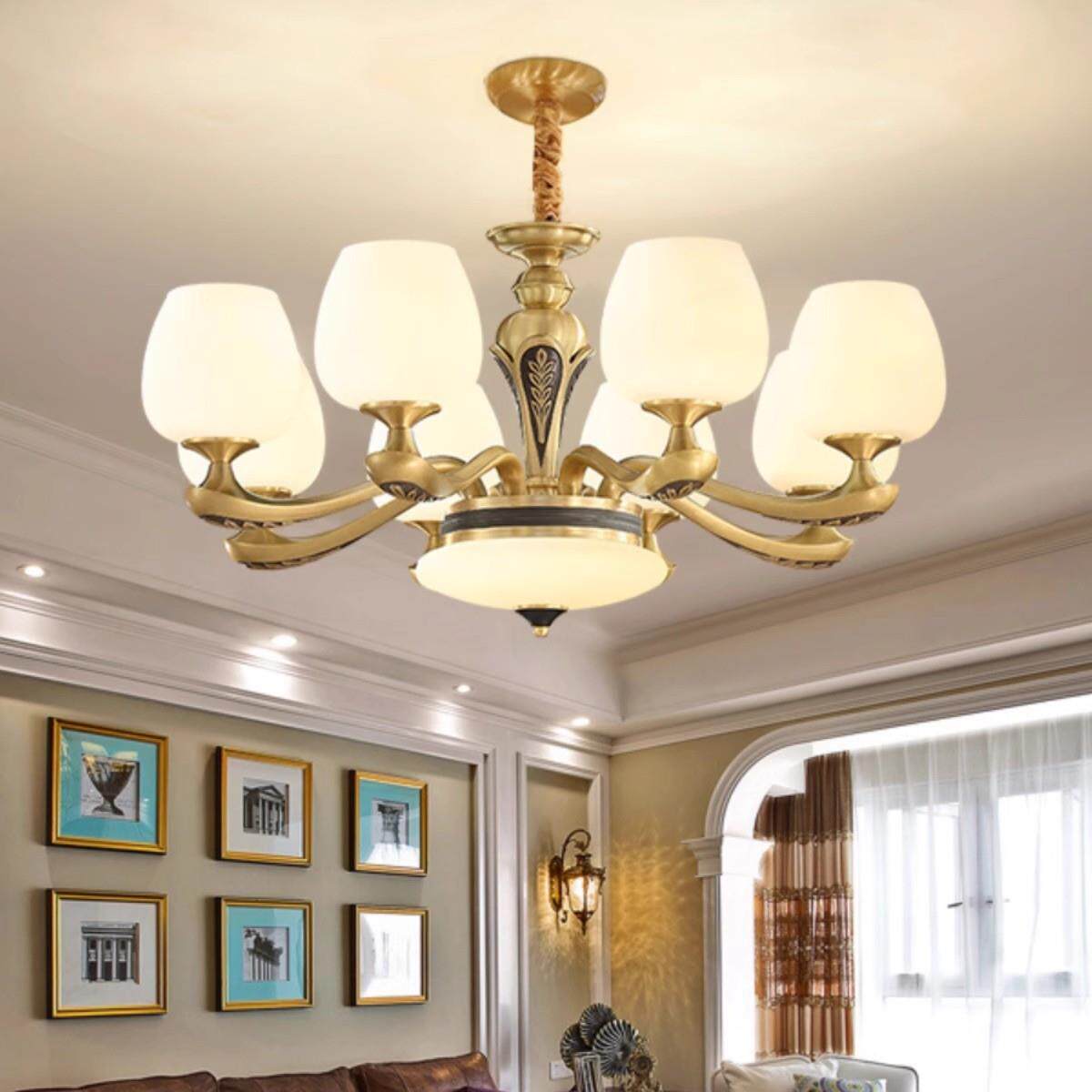 欧式吊灯全铜复古客厅大气别墅酒店美式餐厅卧室灯仿云石中山灯具