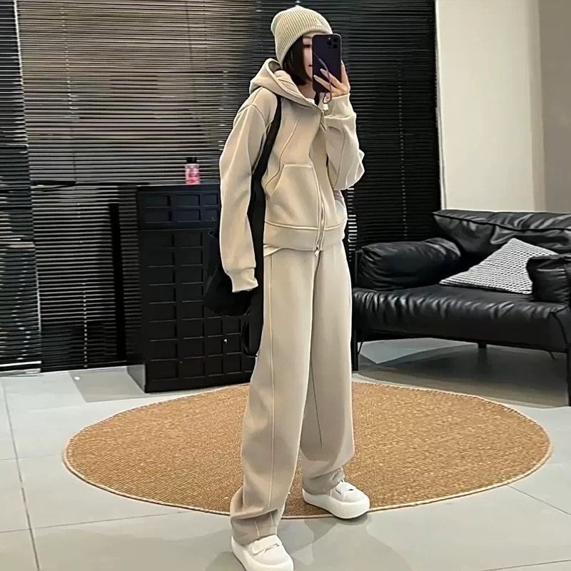 欧洲站时尚套装女2025新款时髦洋派秋冬加绒休闲 运动大尺码连帽