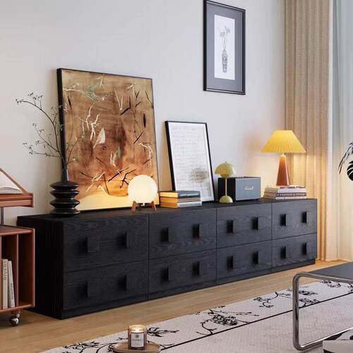 北欧黑色实木电视柜沙发边柜斗柜组合多功能储物收纳床头柜现代