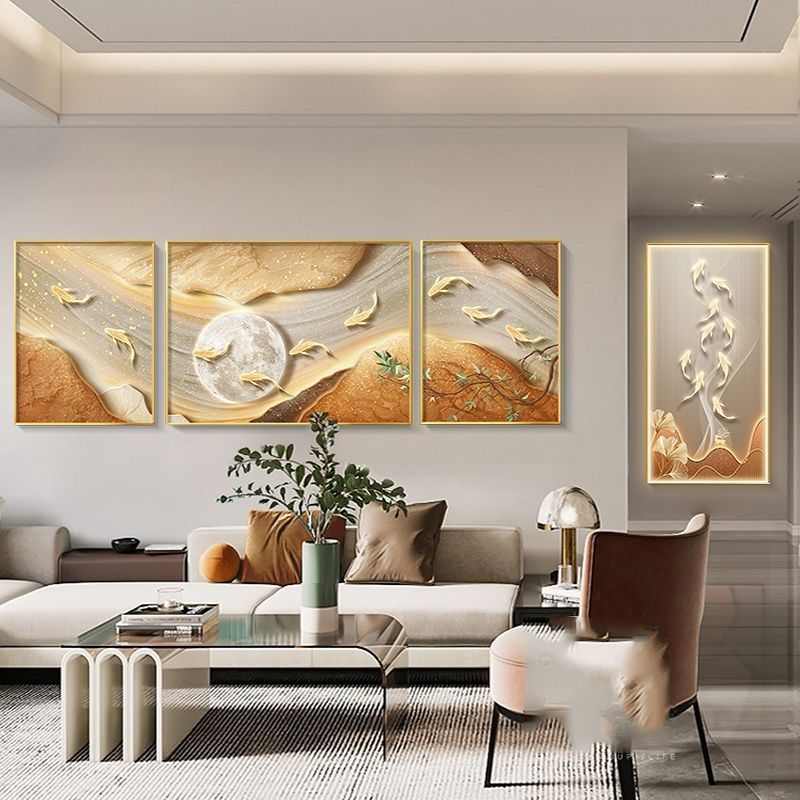 轻奢九鱼图客厅装饰画现代沙发背景墙大气高端挂画简约抽象三联画图片