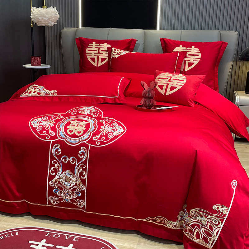 婚庆四件套大红全棉中式龙凤刺绣新结婚房嫁礼床单笠喜被床上用品,床上用品,婚庆床品套件,淘宝优惠券,粉丝福利购,淘宝优惠卷