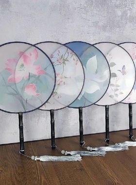 Chinese Style Round Fan with Wooden Handle Portable Printed