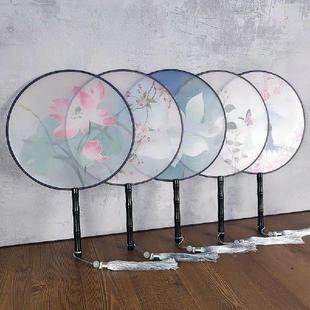 Fan with Wooden Chinese Portable Round Handle Printed Style