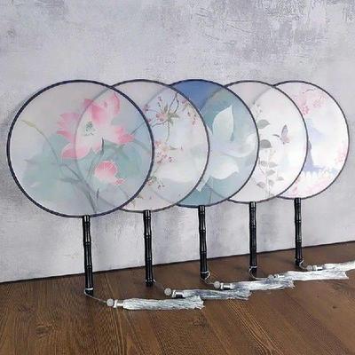 Chinese Style Round Fan with Wooden Handle Portable Printed