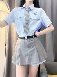 蓝色条纹衬衫百褶短裙两件套夏季学院风小个子jk制服辣妹穿搭套装