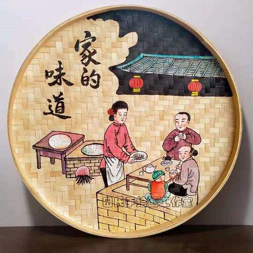 手绘竹编簸箕挂画农庄农家乐墙面装饰挂件墙壁挂饰饭店餐馆墙饰