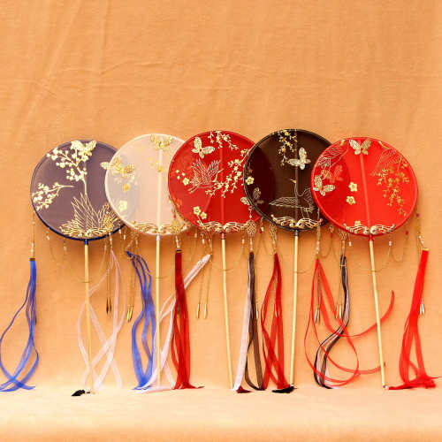 手工长柄流苏团扇古风汉服配饰烫金半透超仙破云扇白蓝色成品金小