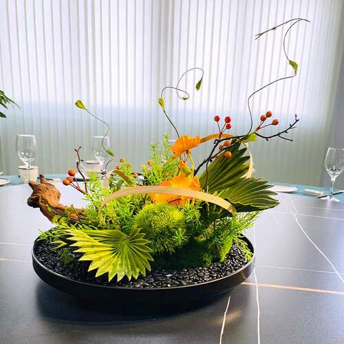 酒店圆桌转盘仿真花餐桌花摆花高端轻奢中间摆件装饰花创意茶桌花