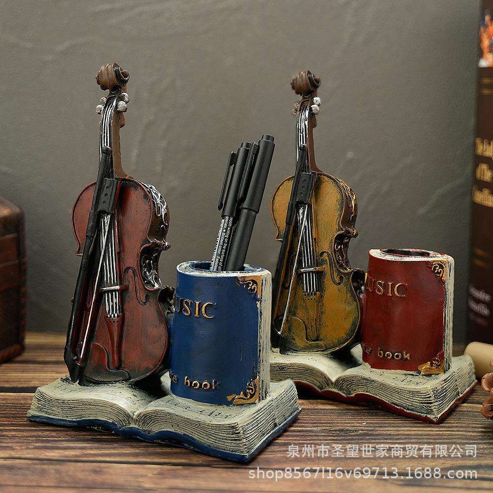 北欧复古乐器小提琴萨克斯收纳笔筒创意桌面个性装饰家居办公摆件