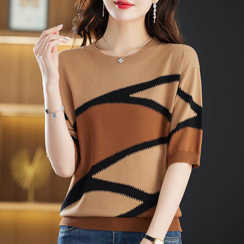 冰丝针织衫短袖T恤女夏季2025新款妈妈装宽松大码洋气桑蚕丝上衣