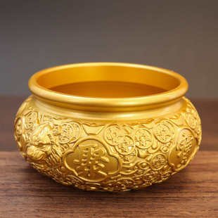 黄铜招财狮首聚宝盆金色铜摆件办公室前台店铺大吉开业摆件招财