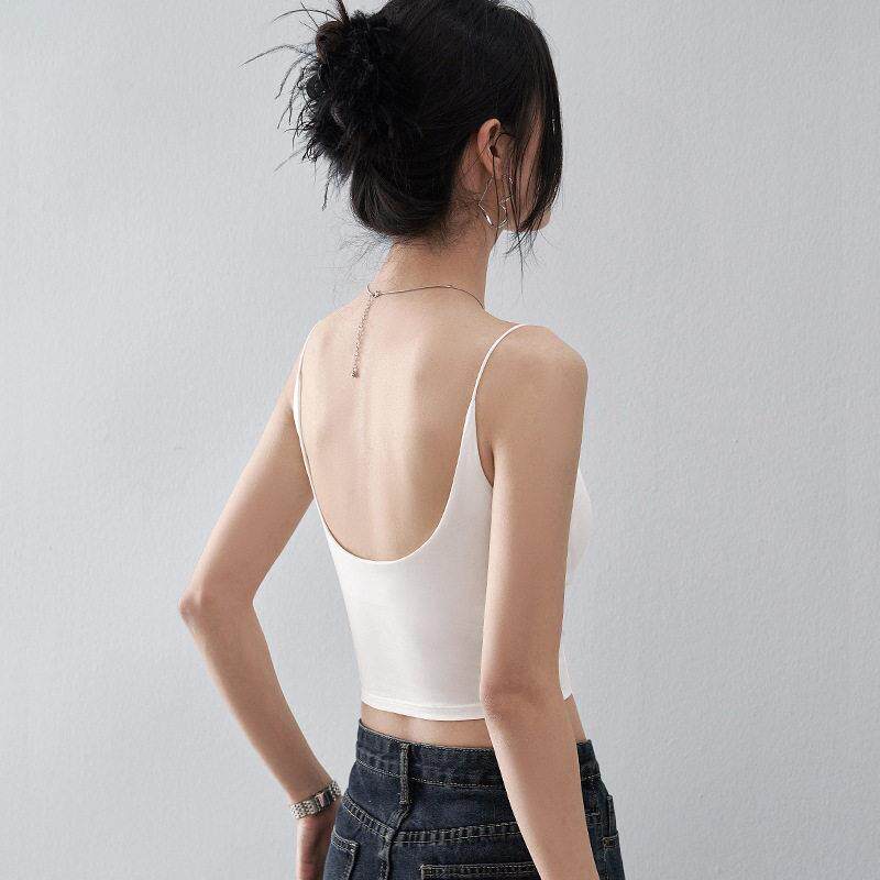 【芒果杯】U型美背吊带背心女带胸垫细肩带一体白色内搭内衣Bra