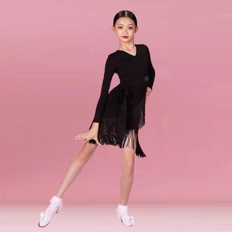 拉丁舞服女孩服装舞蹈裙女童国标舞练功儿童拉丁舞裙流苏夏季规定
