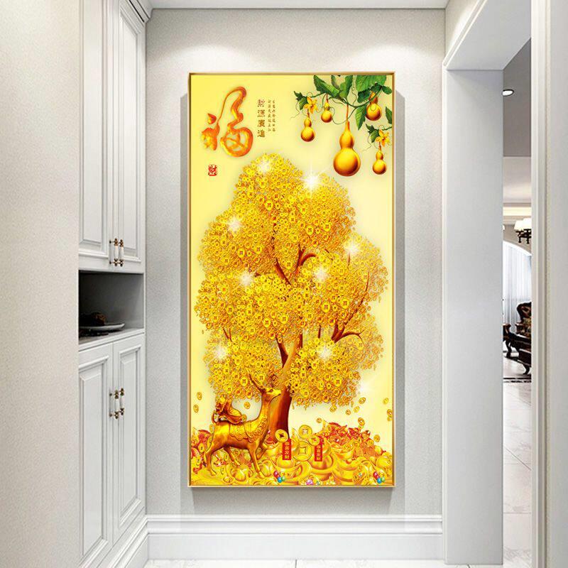 入户玄关装饰画招财进宝壁画竖版摇钱发财树镶钻走廊过道墙壁挂画