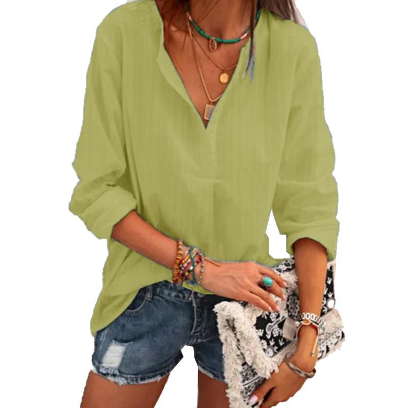 Fashion V-neck striped cotton and linen top loose casual