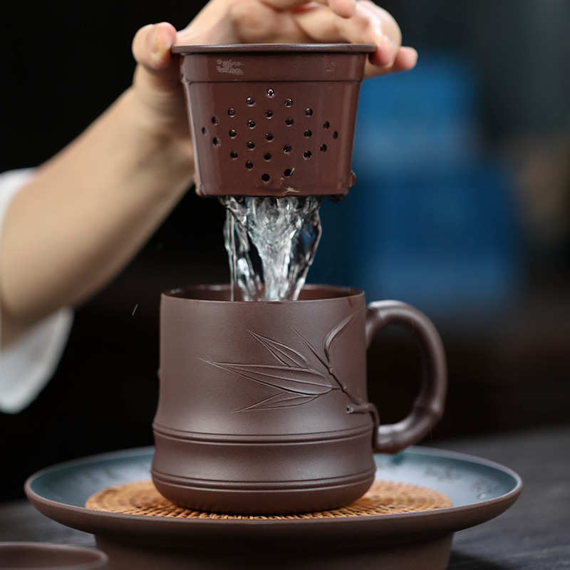 紫砂杯宜兴 厂家批发手工贴竹叶三件套办公室泡茶杯茶具礼品水杯