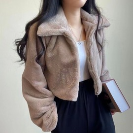 韩国chic秋冬法式减龄拉链，翻领保暖毛绒绒(毛绒绒)皮草，外套女短款开衫外套