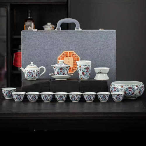 复古青花瓷盖碗陶瓷功夫茶具套装家用待客泡茶杯整套高档礼品盒装