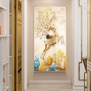 饰画 客厅挂画餐厅入户麋鹿百财玄关装 晶瓷画竖版 壁画新中式
