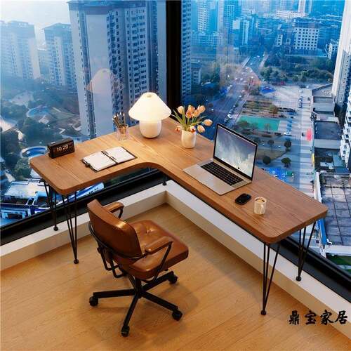 【折扣价】实木阳台一体高低脚飘窗桌家用l型电脑桌卧室长短腿转